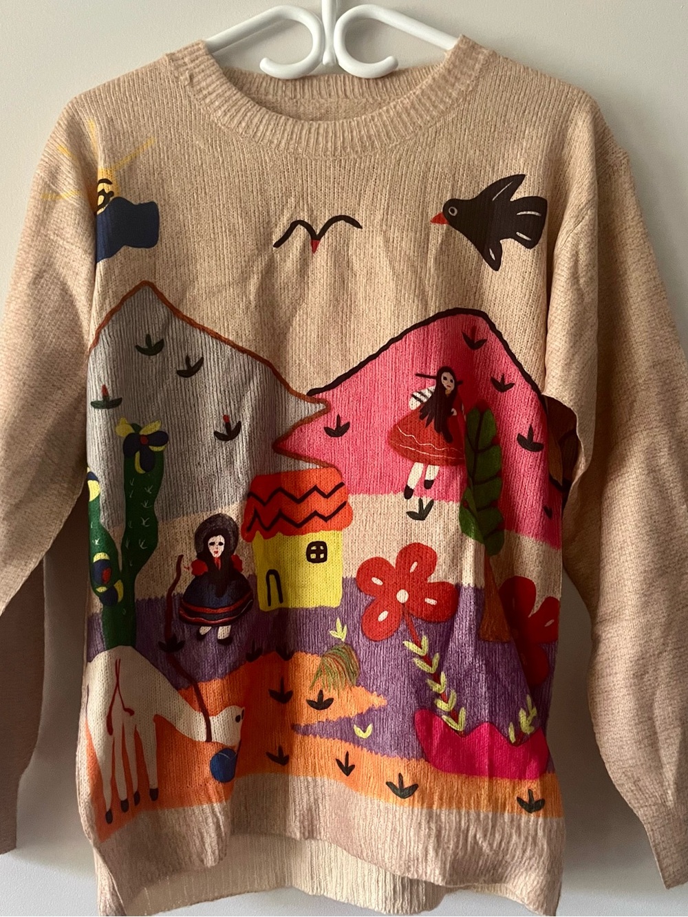 Beige Graphic Women’s Sweater with Colorful Scenic Print